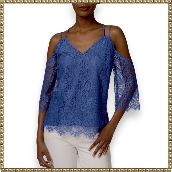 Bar III Blue Lace Cold Shoulder Long Sleeve Top Medium - Picture 1 of 13